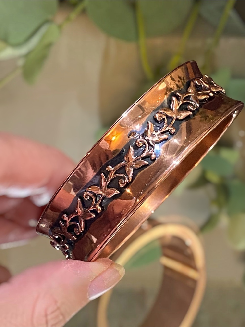 Vintage Estate Renoir Signed Solid Copper Bangle Cuff Bracelet Leaf Vine Design